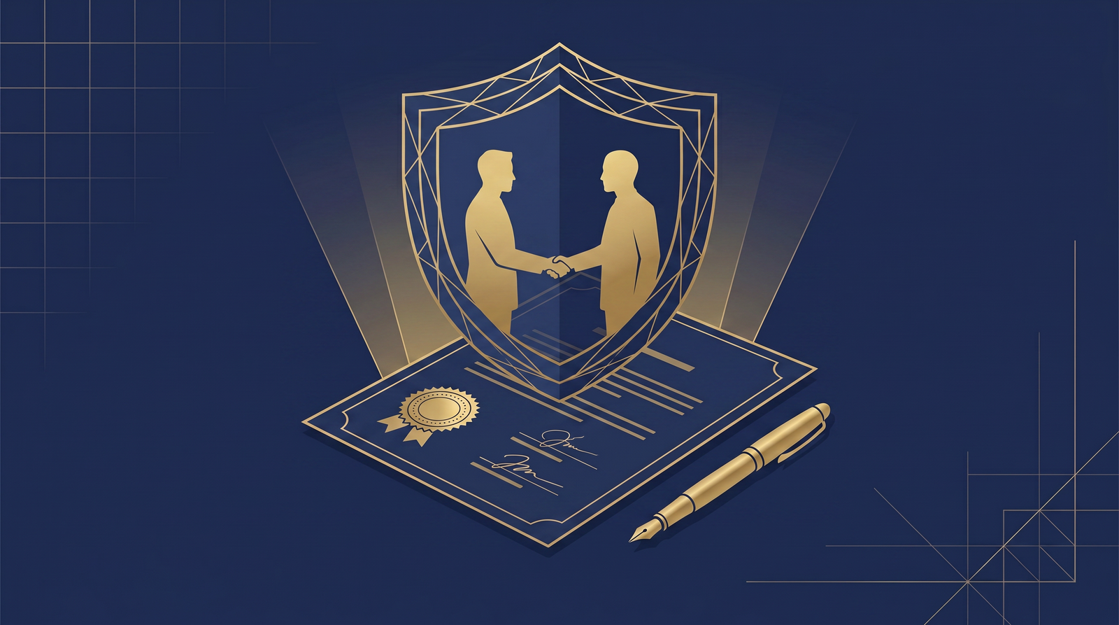 Illustration of a signed shareholder agreement with a gold seal and protective shield symbolizing buy-sell agreement protections in Texas